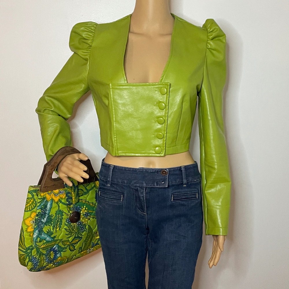 Chartreuse vegan leather poof long sleeve low square neck button up crop top!